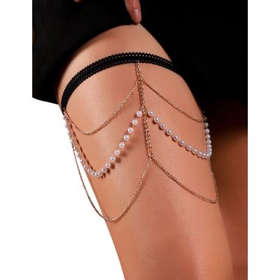 Zlatni seksi prsten za nogu sa bisernim lancem C81365